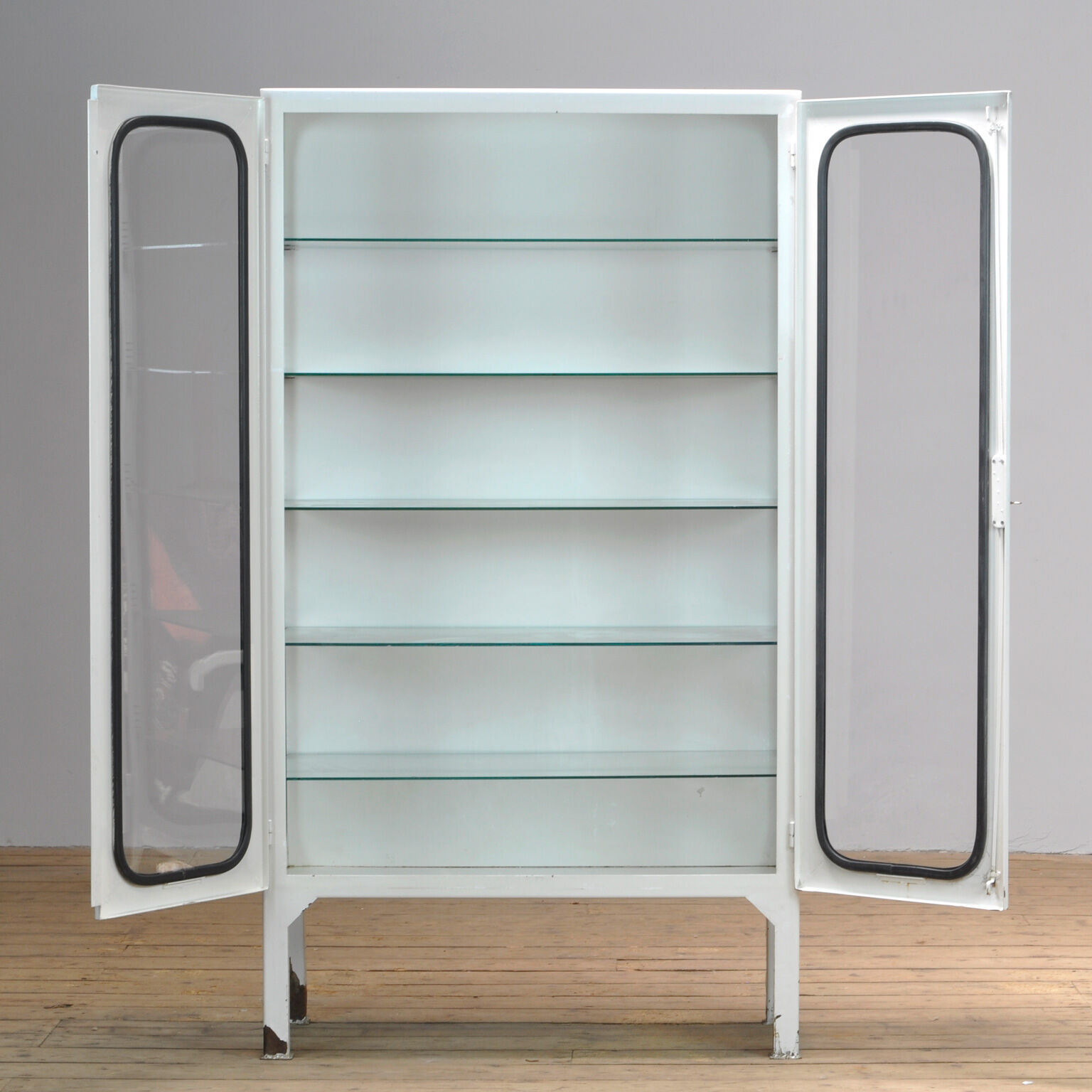 Vintage glass & iron medical cabinet, 1970s