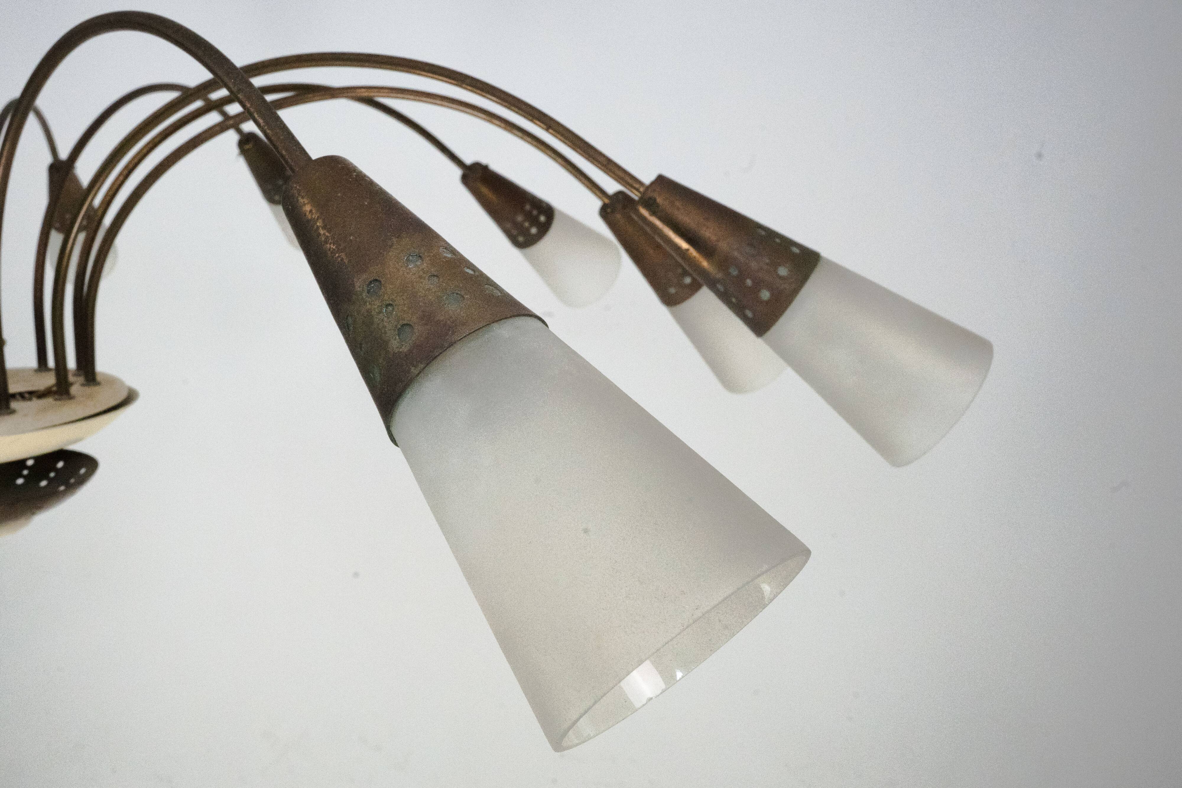 Large Italian Mid-Century Sputnik Brass Chandelier with Satin Glass, 1950s
