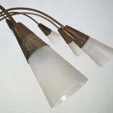 Large Italian Mid-Century Sputnik Brass Chandelier with Satin Glass, 1950s
