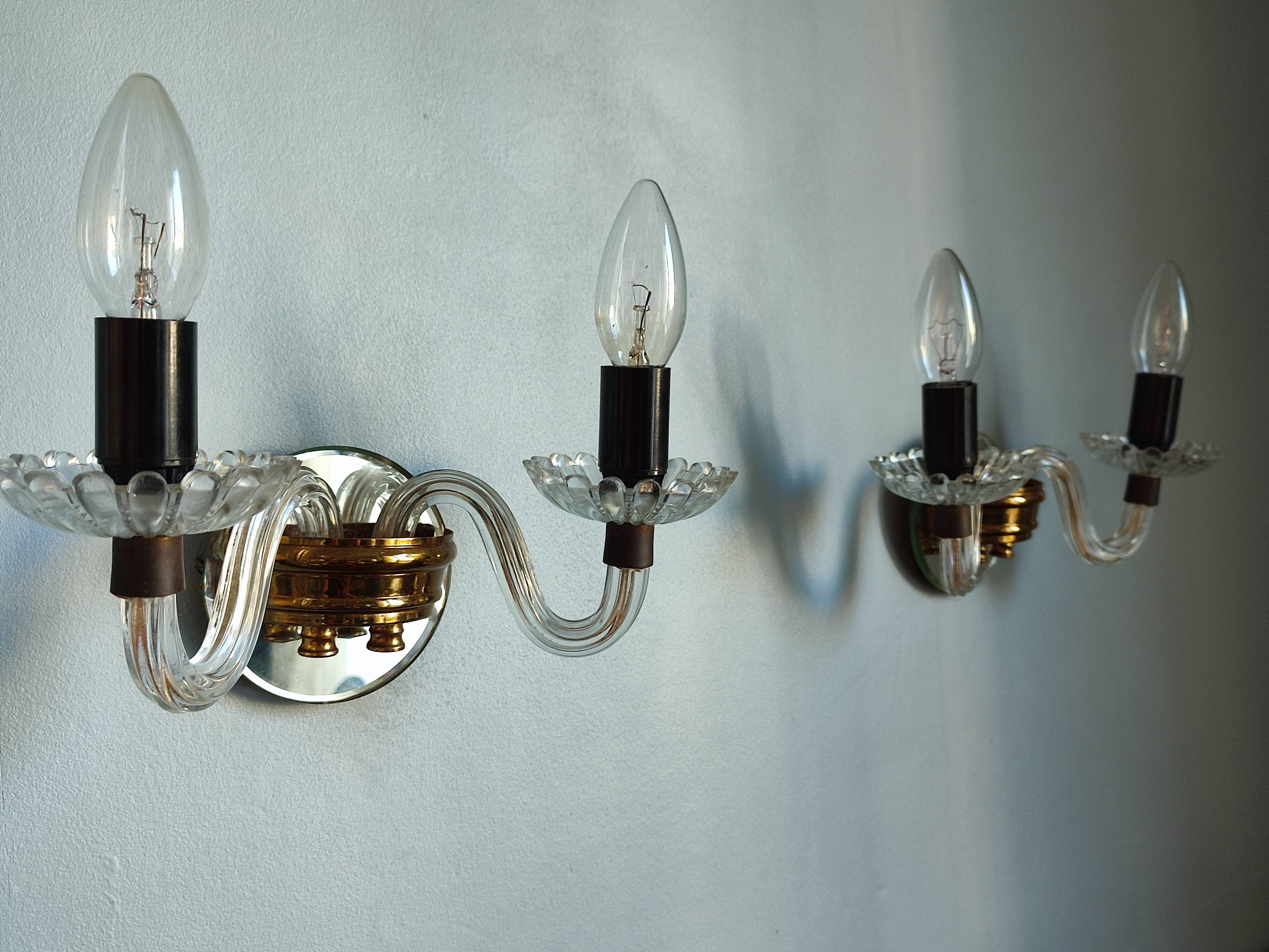 Pair of vintage glass/mirror two-arm wall lights