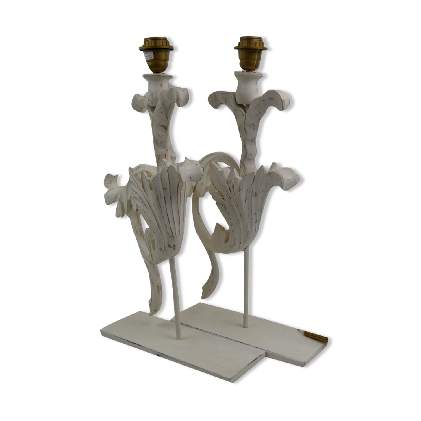 Pair of legs of wood metal table lamps foliage decoration Design: Ivory White