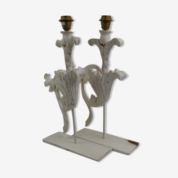 Pair of legs of wood metal table lamps foliage decoration Design: Ivory White