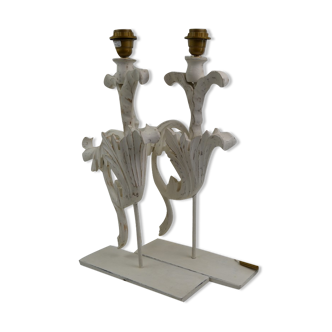 Paire de pieds de lampes à poser bois métal décor de feuillage : Blanc d'Ivoire