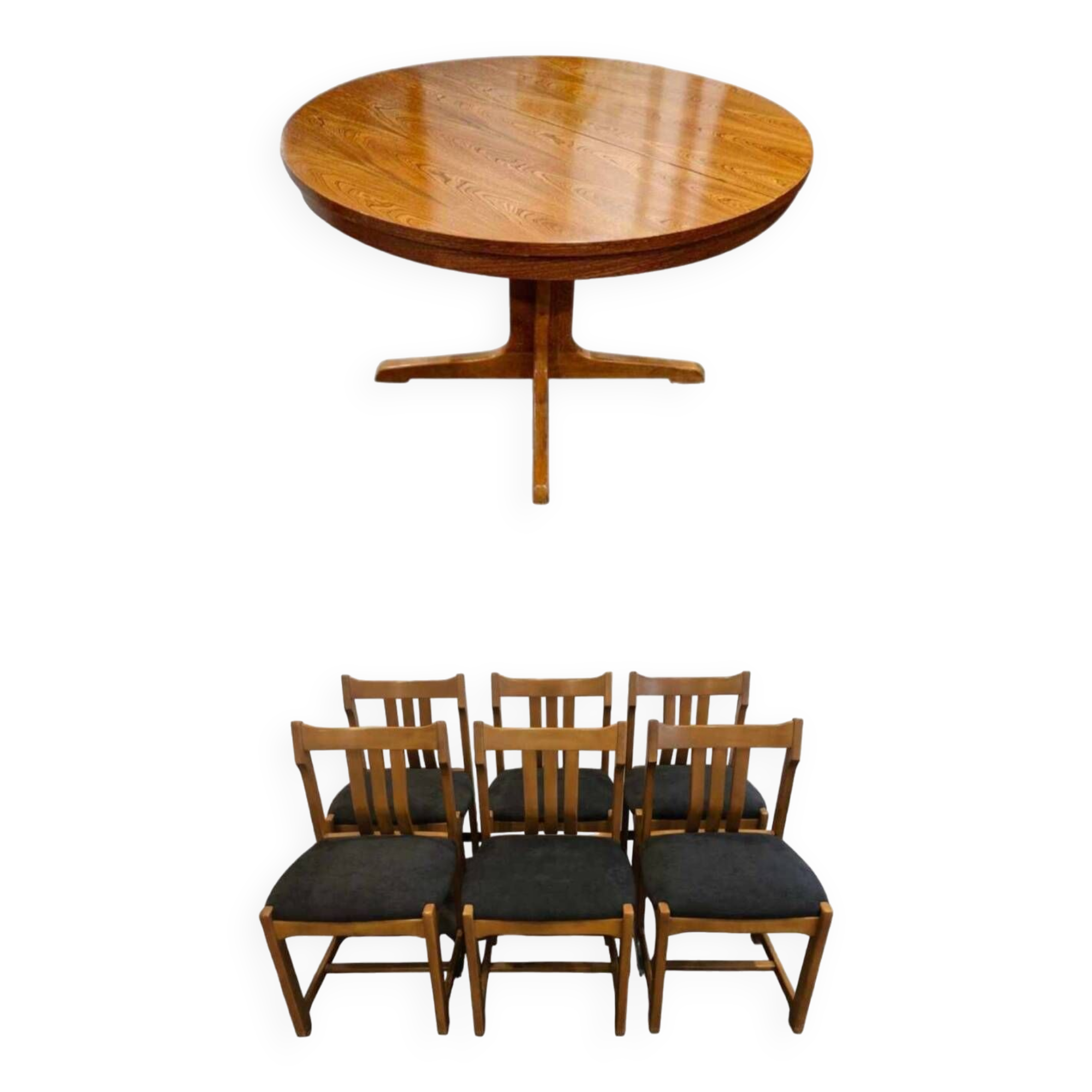 Baumann table and 6 elm chairs set, 1970s