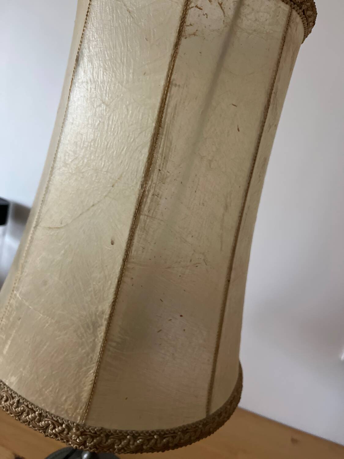 Vintage table lamp, front light, rice paper, pewter base, signed