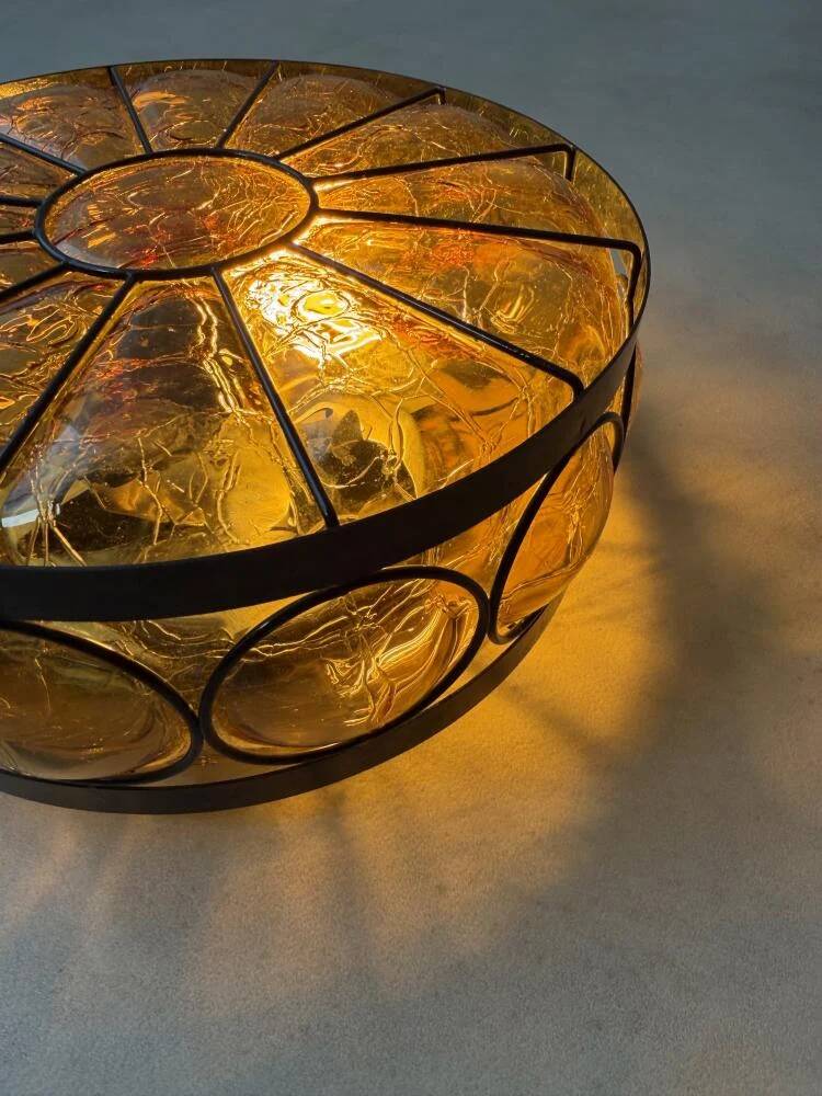 Vintage ceiling lamp amber crackle glass 1970s