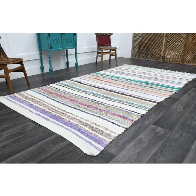 1970s Turkish Hand-Knotted Wool Kilim White Kilim Runner Rug 185x323