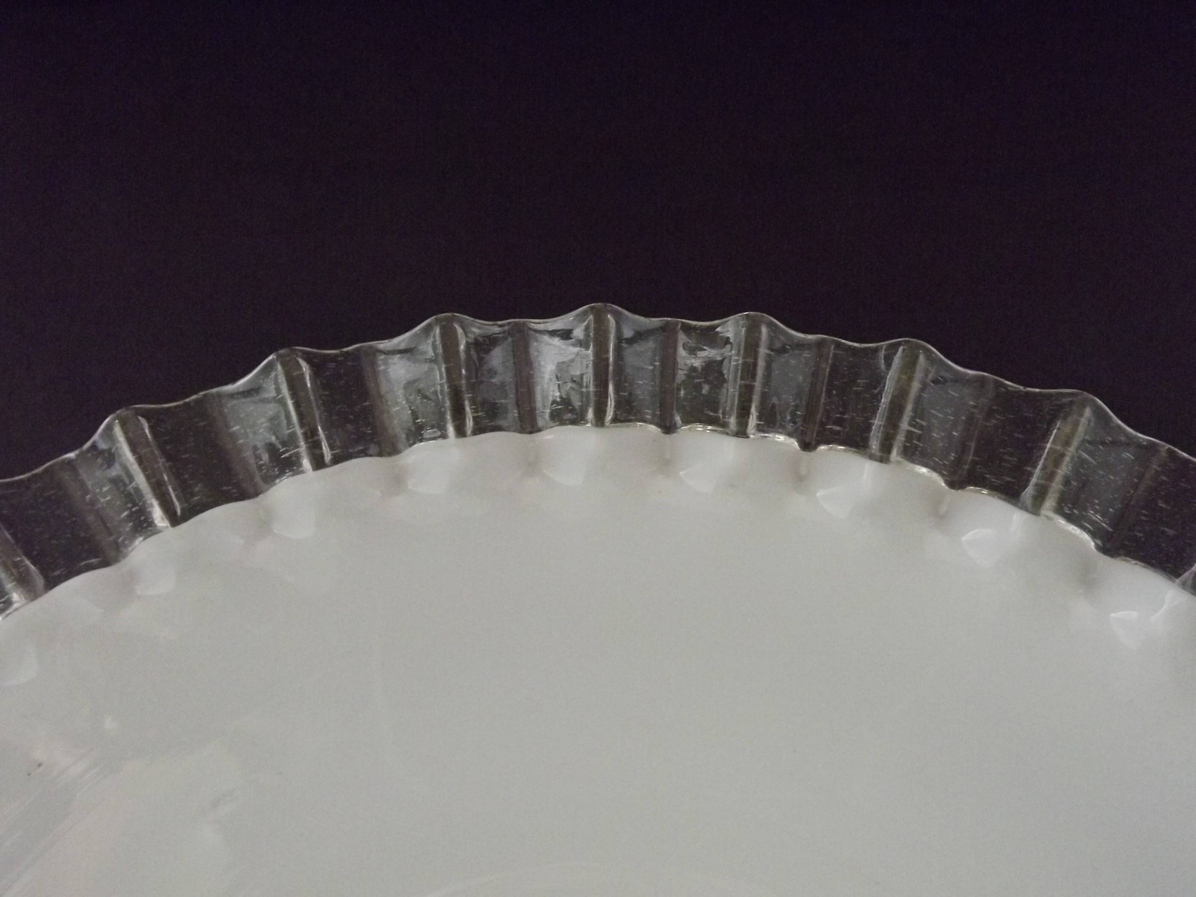 French frilled glass pendant shade, white opaline glass with a clear scalloped edge.