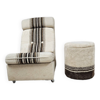 Boucle wool fireside chair and its 1970" vintage pouf