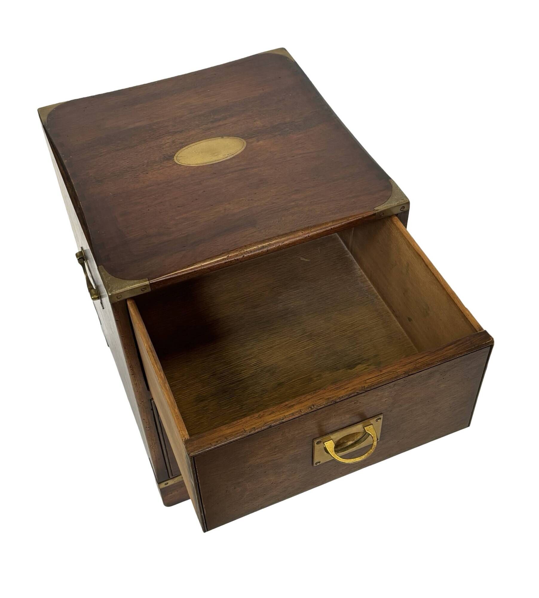 Vintage set of wooden bedside tables in military campaign style design