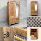Parisian hotel wardrobe with bevelled mirror, solid raw oak, 1920.