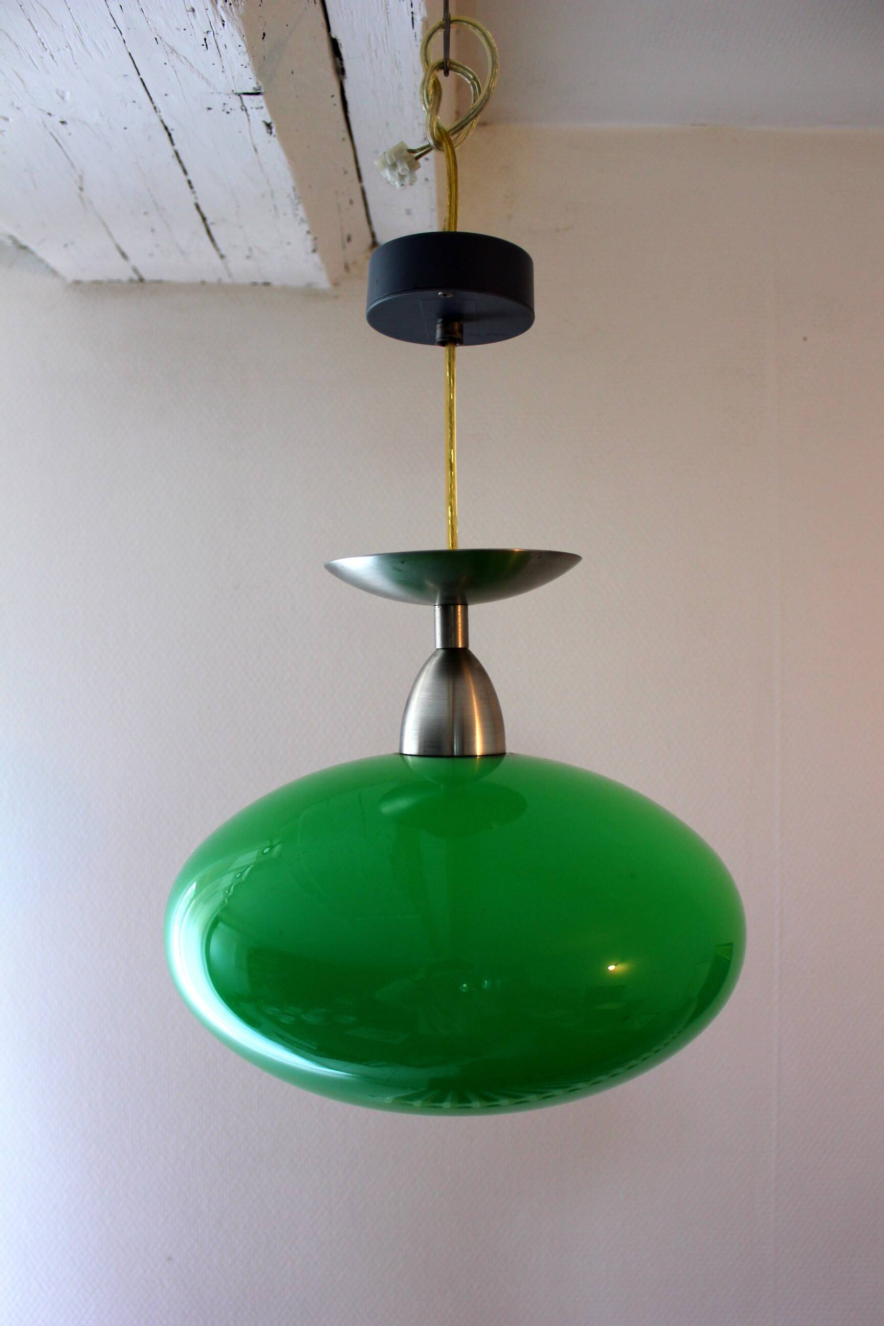 Pendant light space age green vintage metal and glass