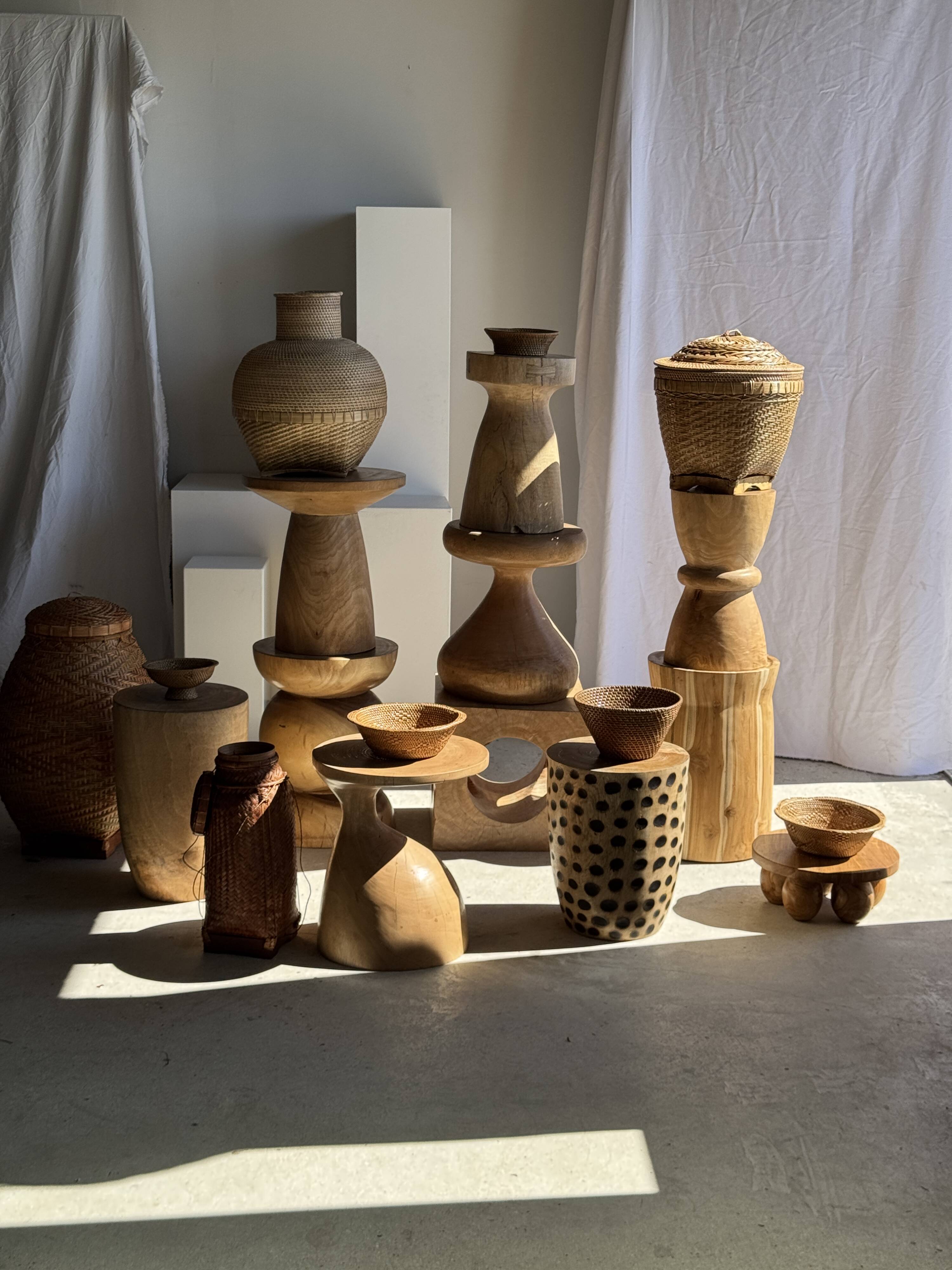 Stool, side table, cylindrical solid mango wood end table.