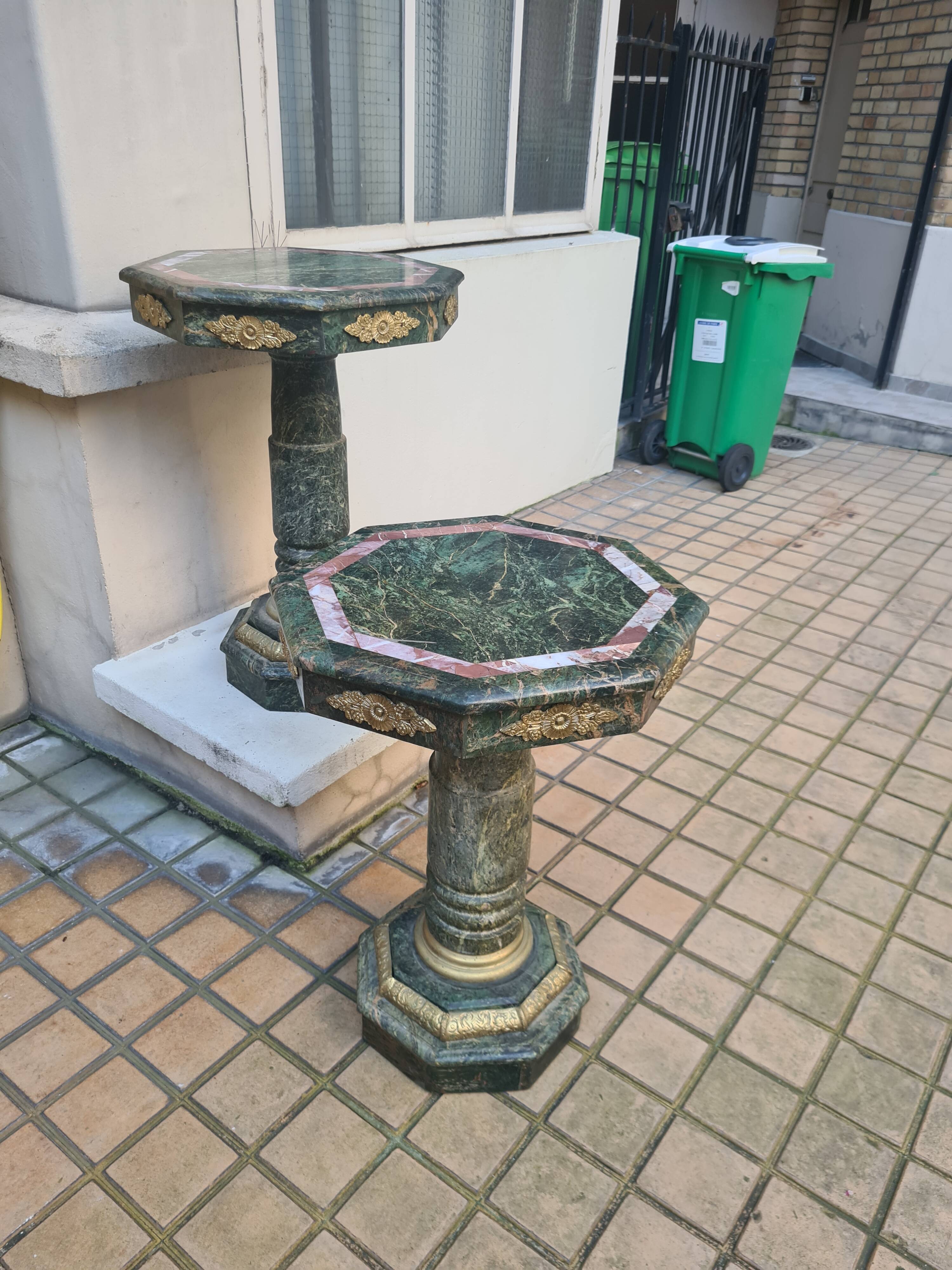 Pair of green marble pedestal tables, 19th century