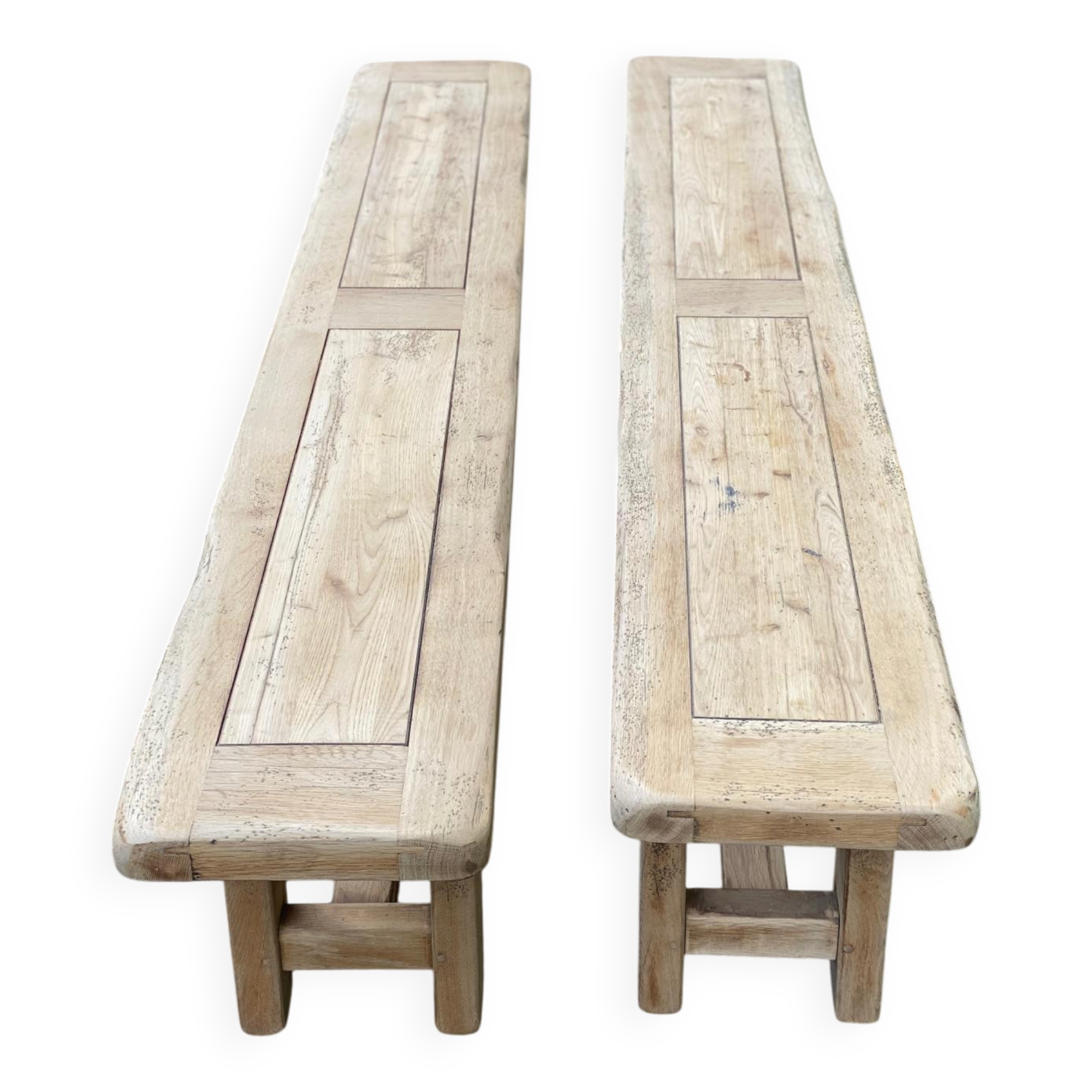 2 stripped farmhouse benches in solid oak 1950 200cm