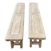 2 stripped farmhouse benches in solid oak, 1950, 200cm.