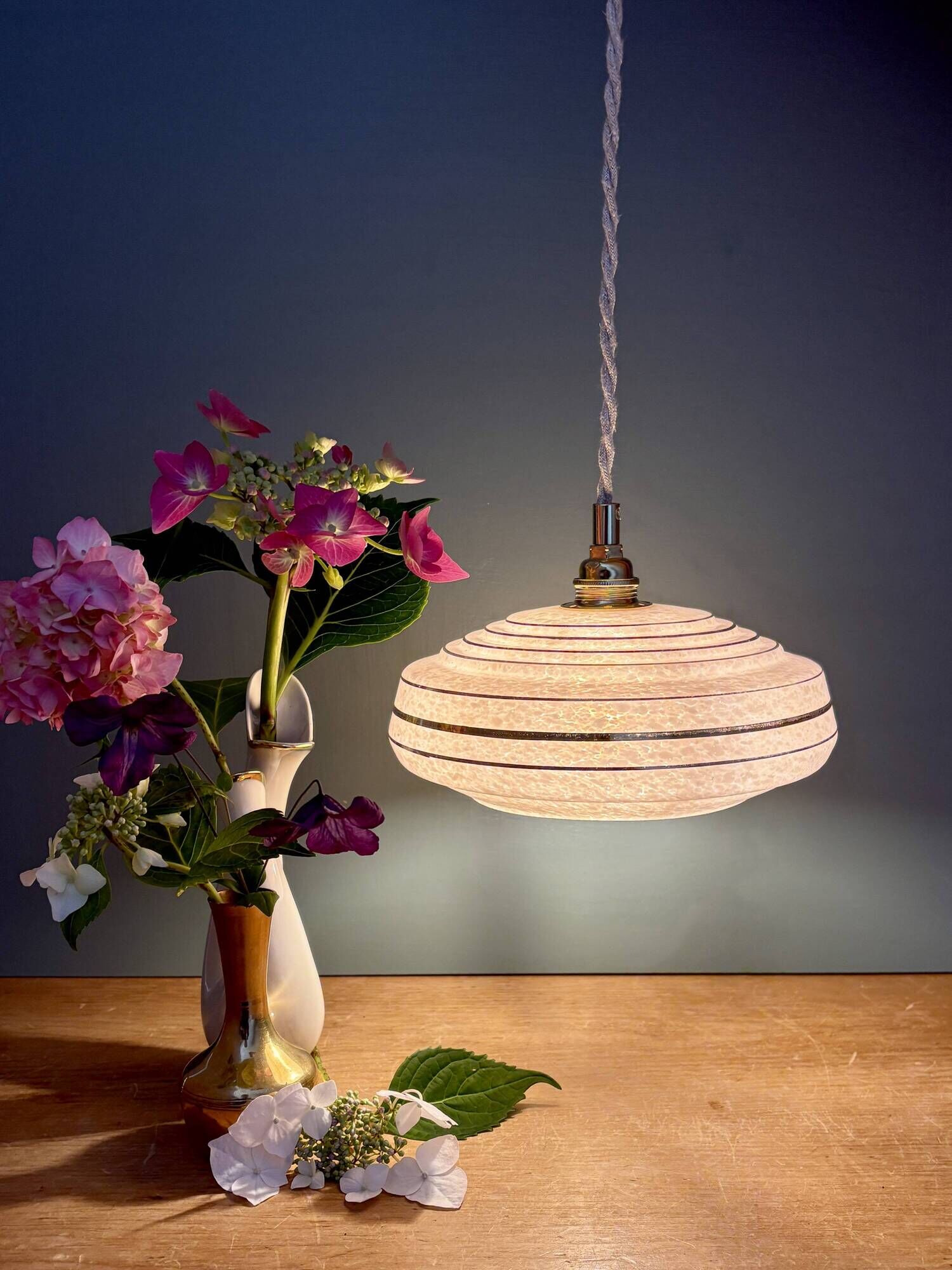 Vintage pendant lampshade in pink Clichy glass with gold trim