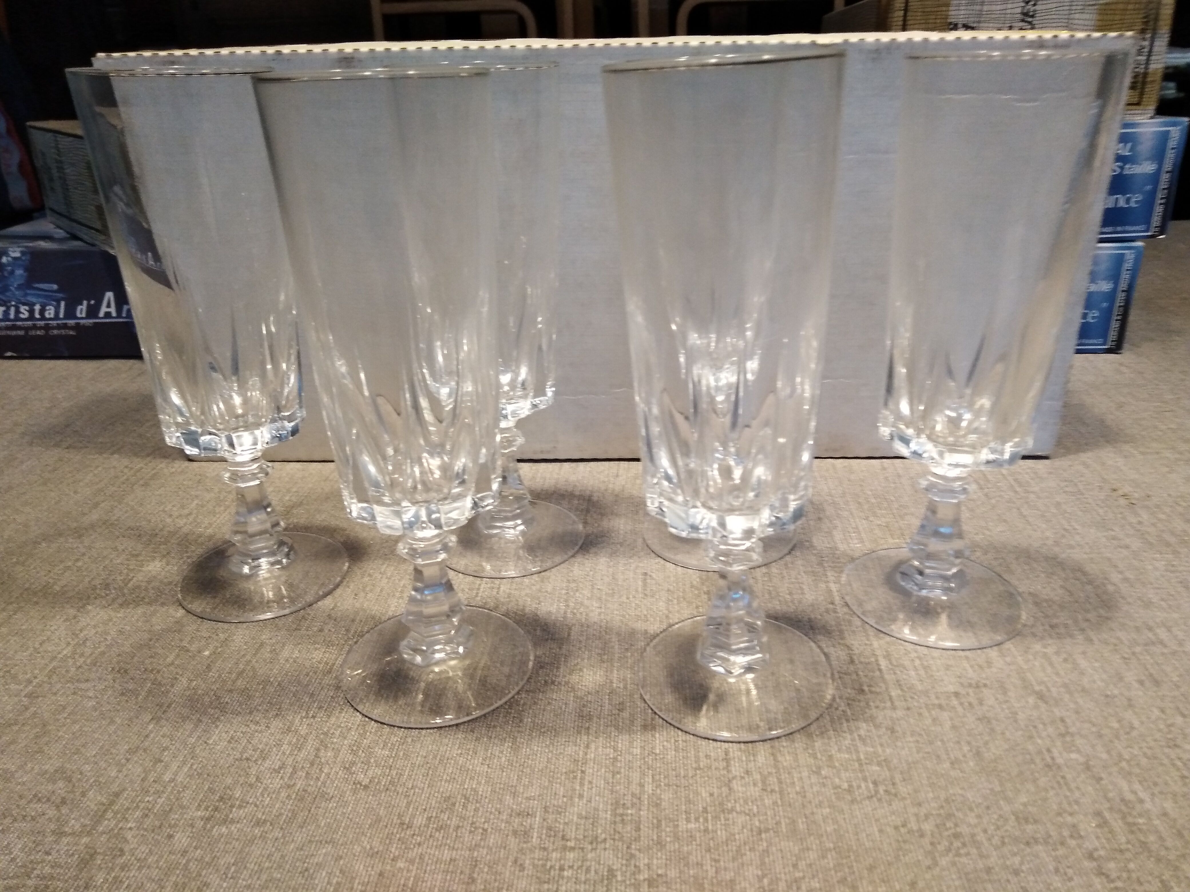 Six crystal champagne flutes