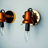 Pair of articulated "Cocoon" wall lights, resin and pine, Italy, 1970