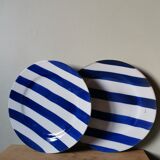 Set of 2 vintage plates in glazed stoneware with blue stripes