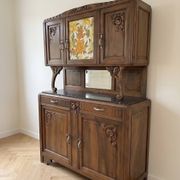 Antique Art Nouveau display cabinet in carved wood with marble top.