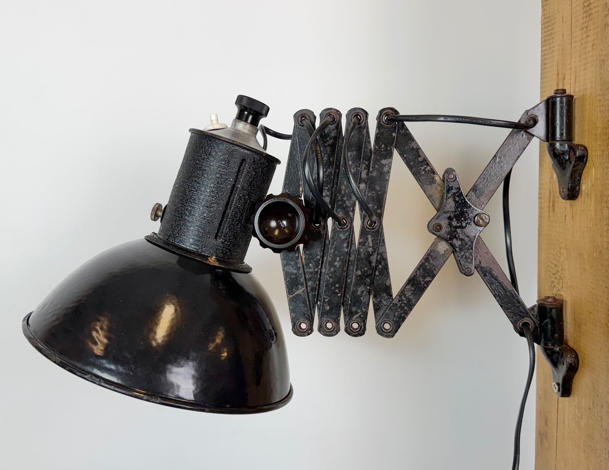 Industrial Black Enamel Scissor Wall Lamp, 1950s