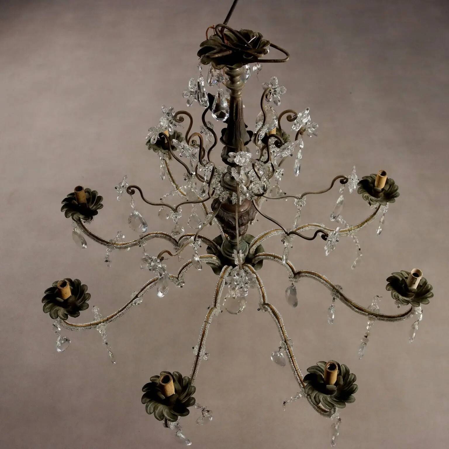Antique metal and glass chandelier with 8 lights, Italy, 19th century.