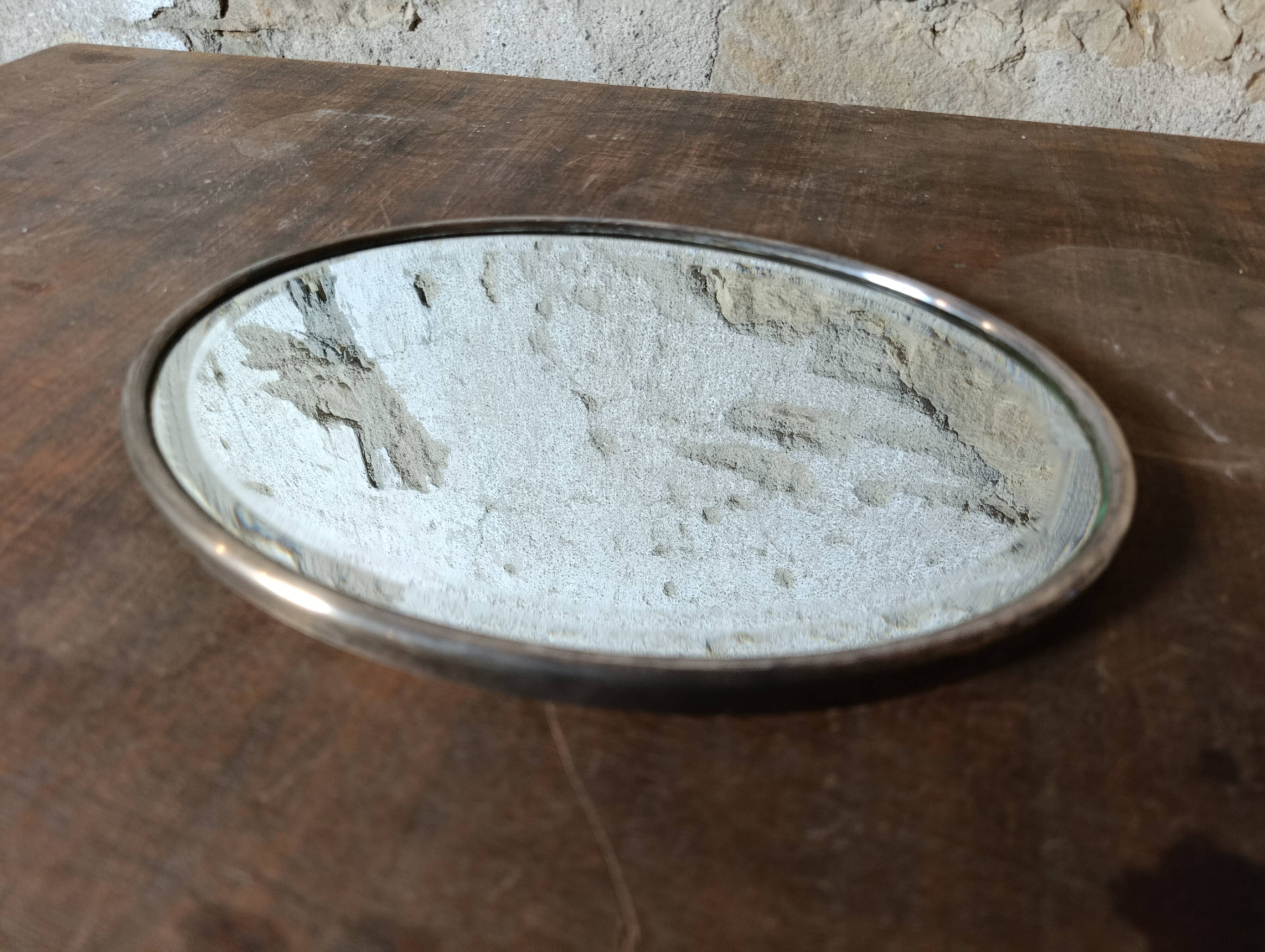French vintage oval mirror with beveled glass and metal frame