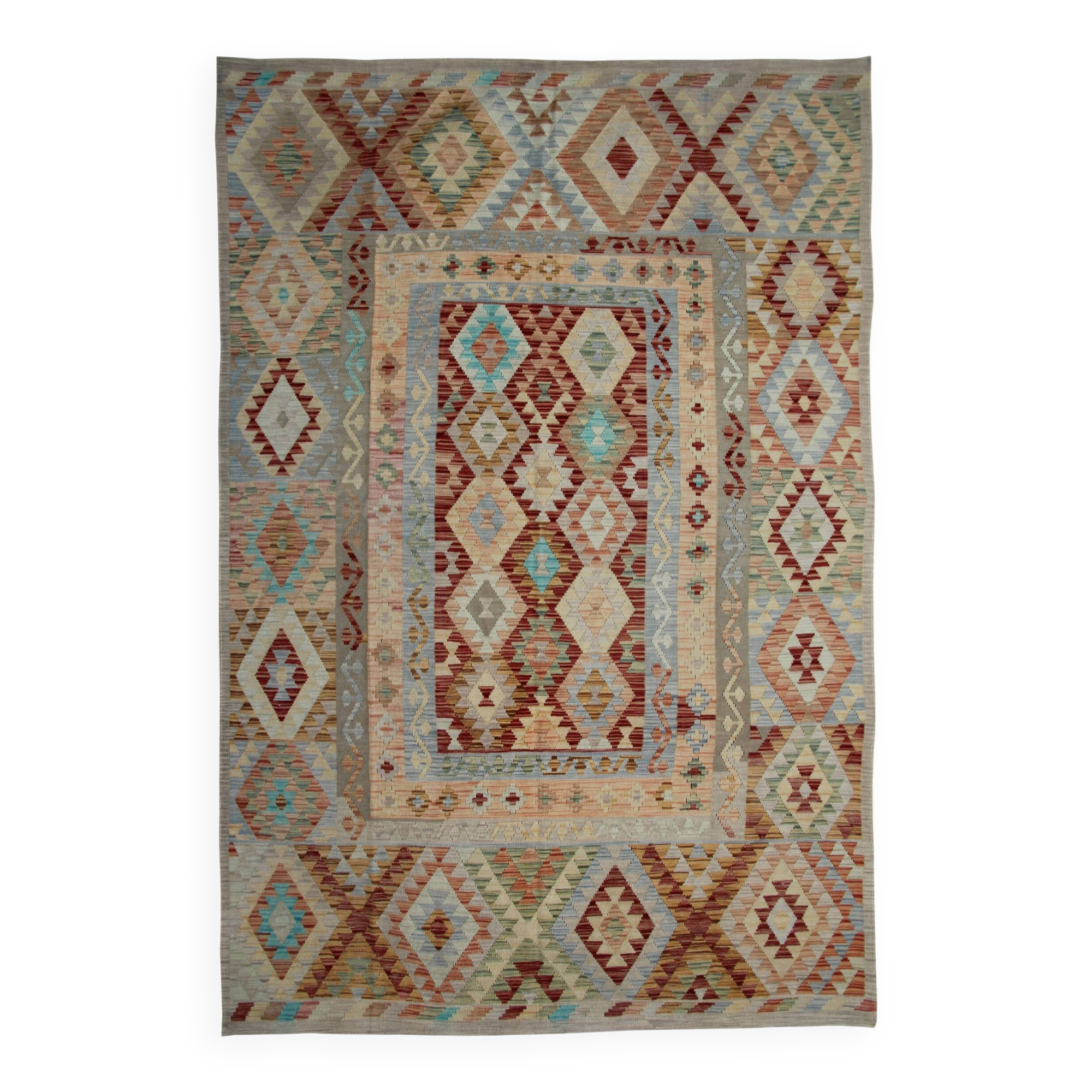 Handmade Kilim Rug, Wool Geometric Flatweave Carpet 297x193cm