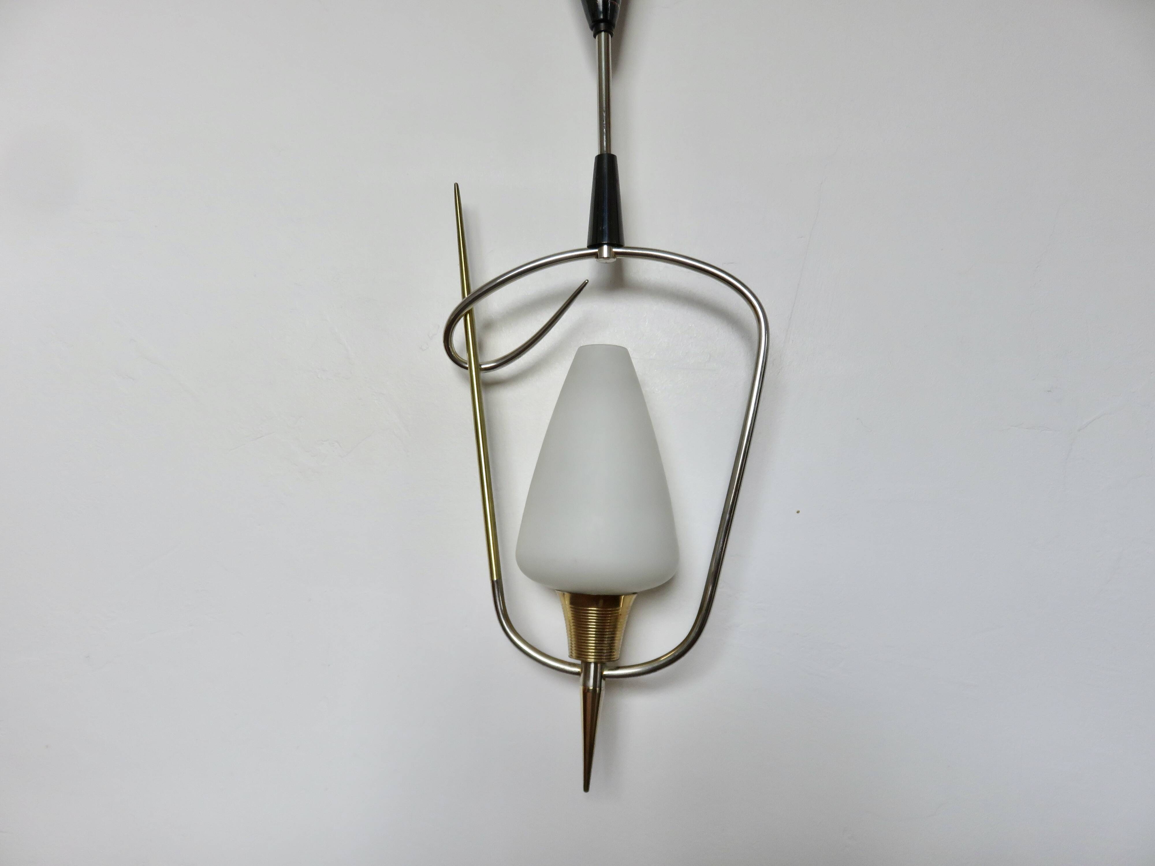 Arlus chandelier/pendant light, opaline glass and brass, 1950s or 60s, vintage