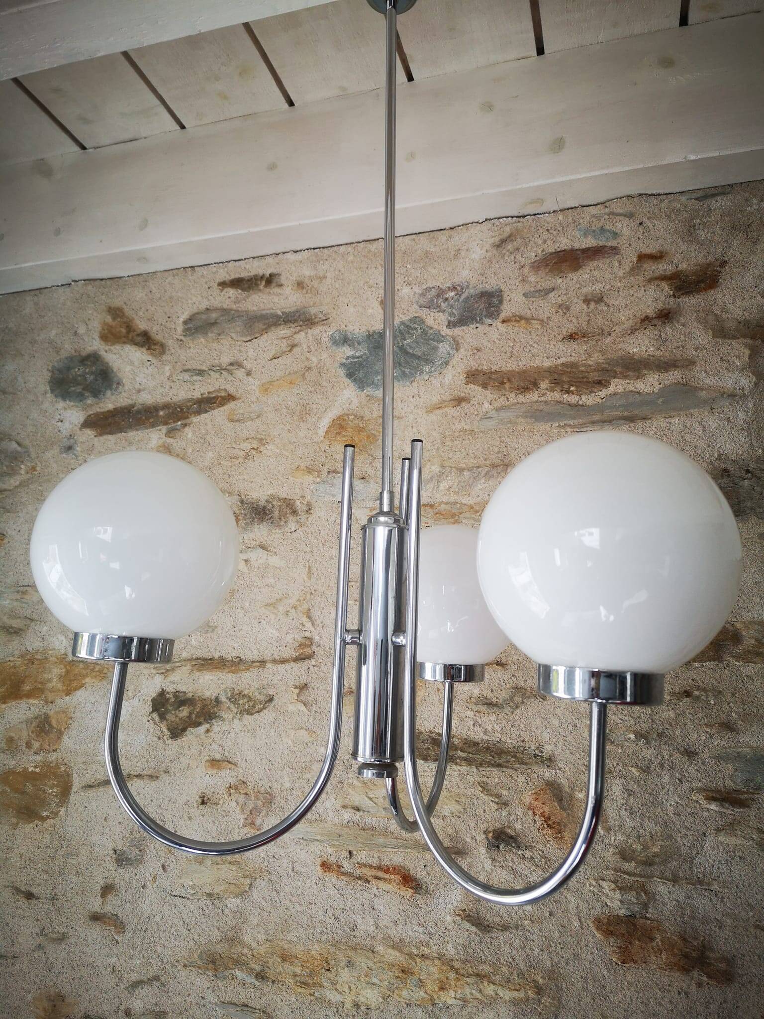 Old 3-light globe opaline stainless steel pendant/chandelier 1960/1970 space age vintage