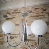 Old 3-light globe opaline stainless steel pendant/chandelier 1960/1970 space age vintage