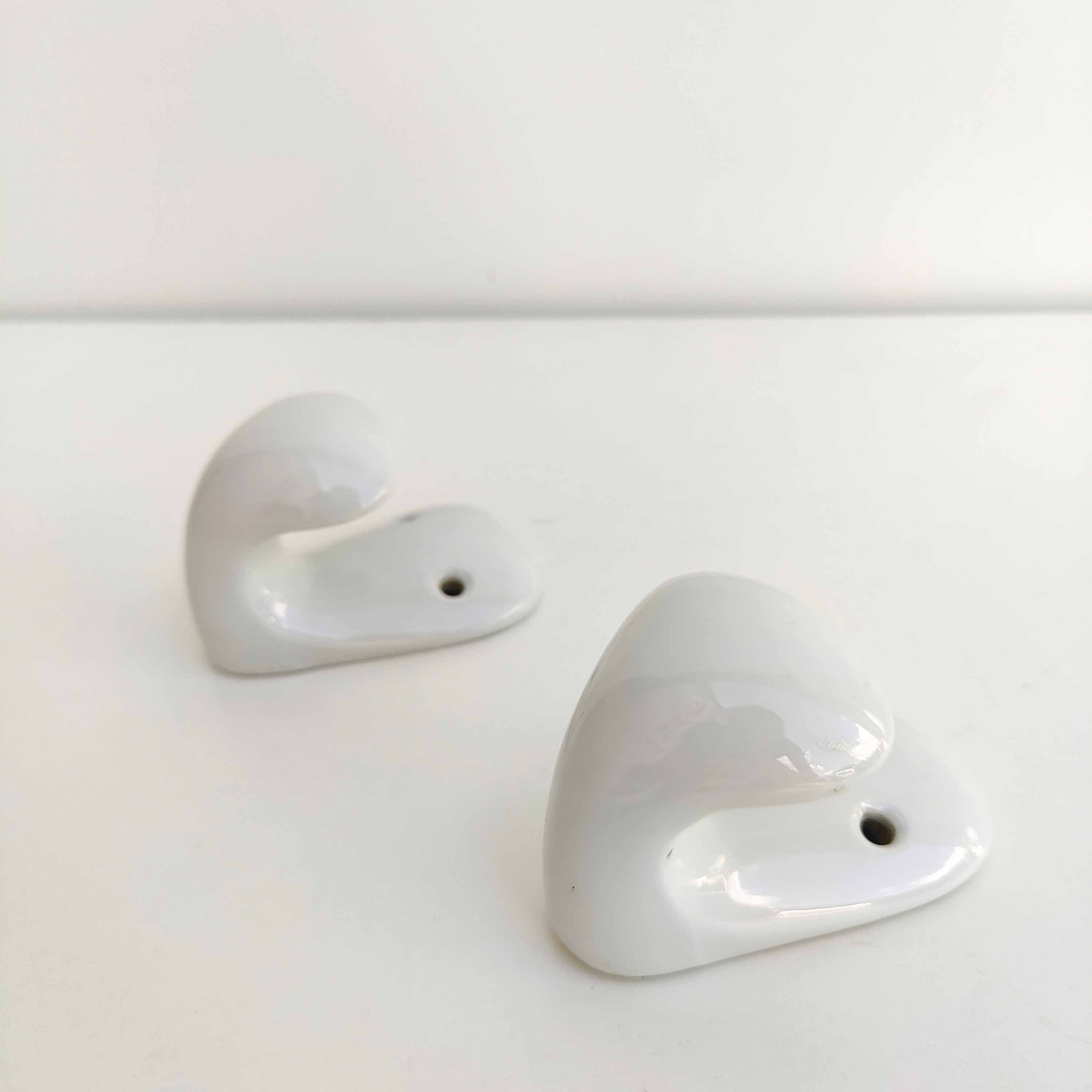 Pair of bathroom hooks or kitchen in white ceramic 1950