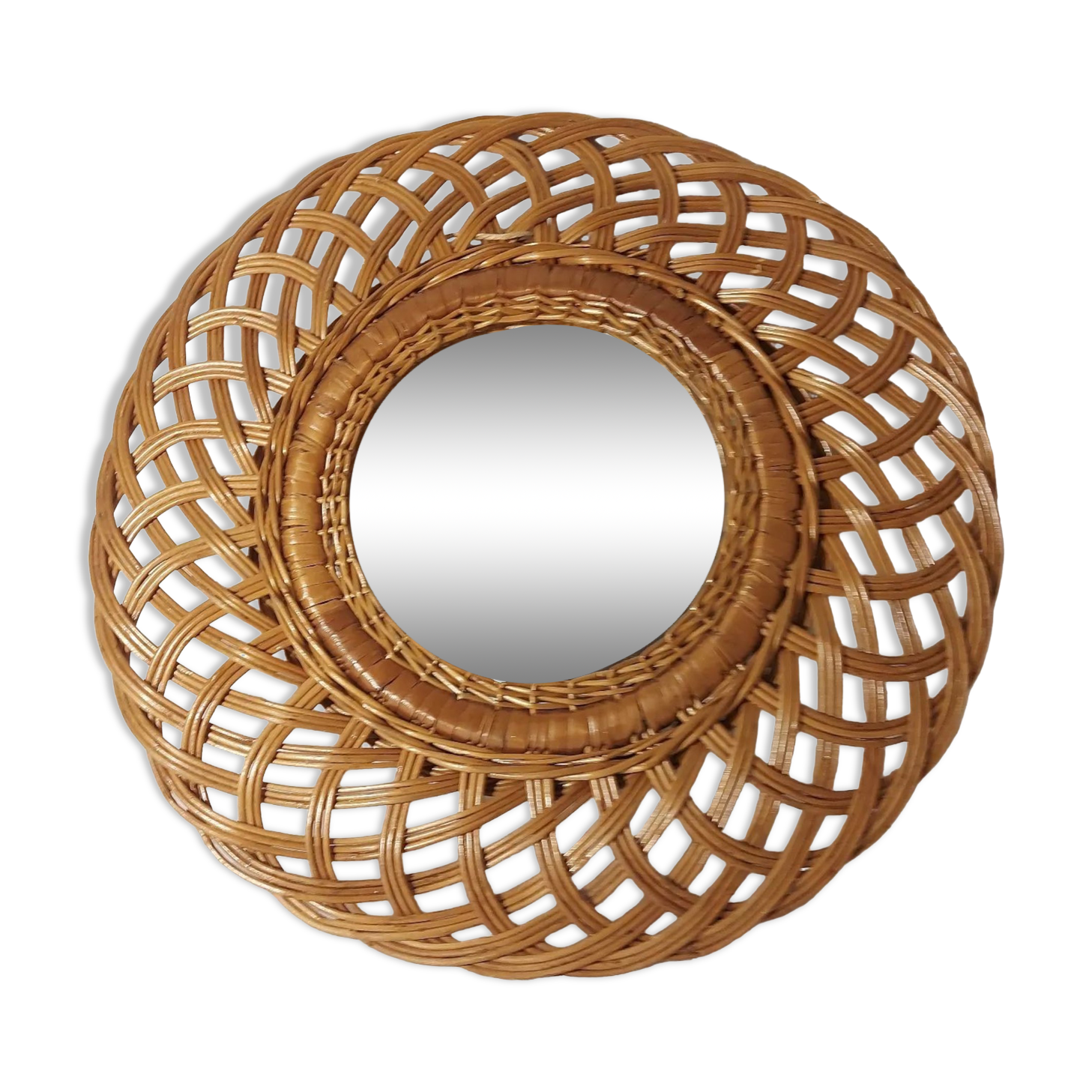 Miroir rond en rotin vers 1970