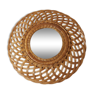 Miroir rond en rotin vers 1970