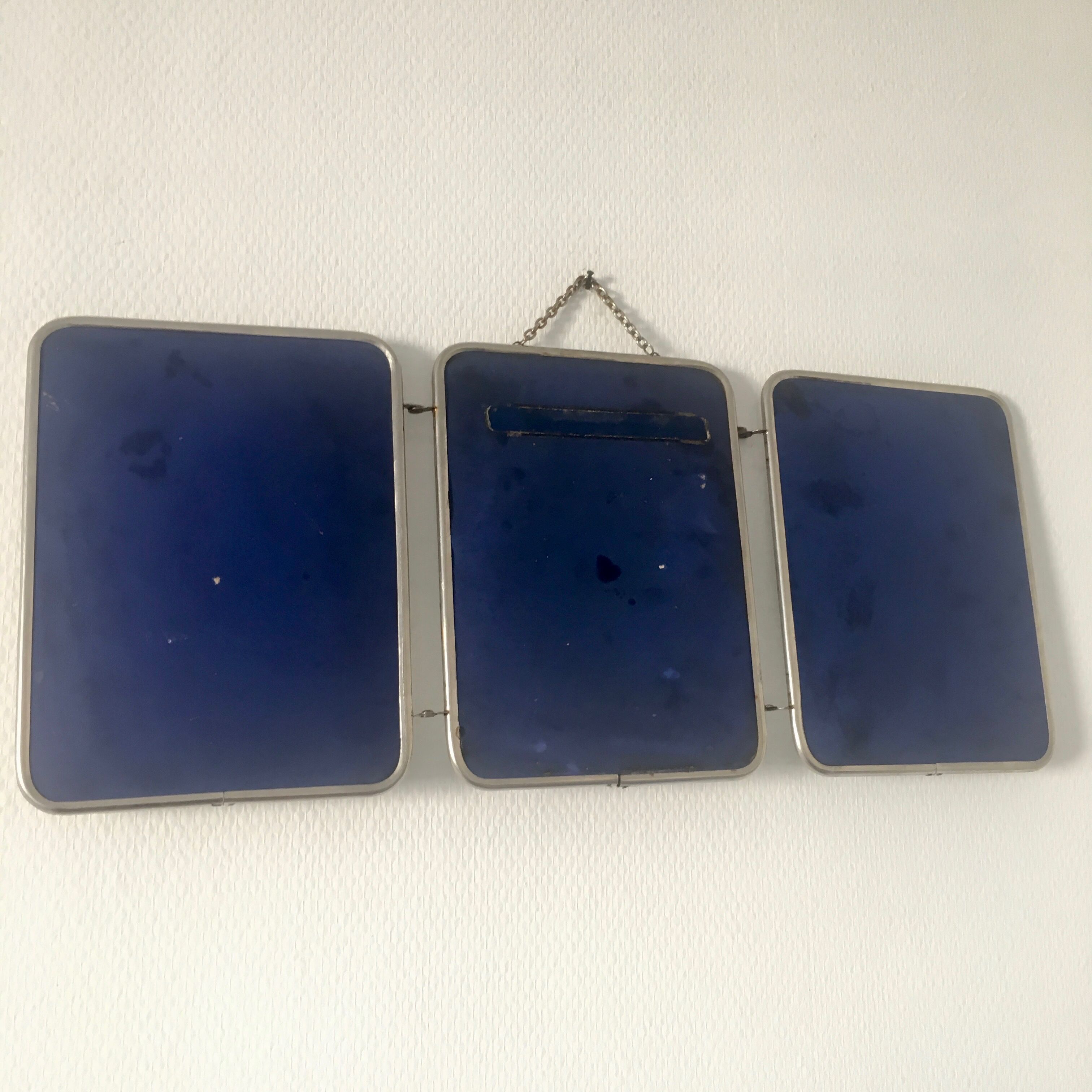 Miroir triptyque barbier 24 x 59 cm bleu vintage des années 60