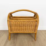Vintage caramel-colored bamboo and rattan magazine rack