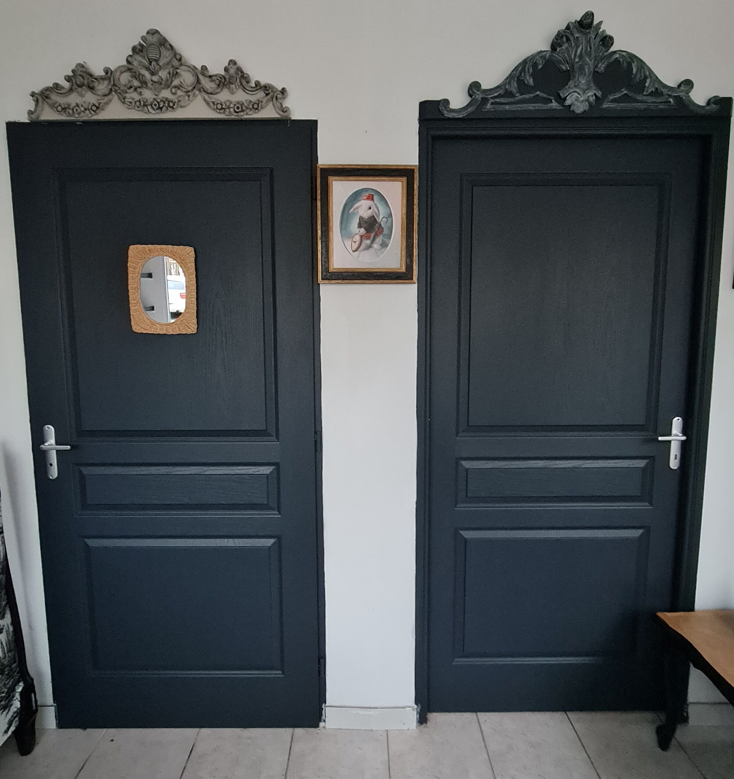 Old pediment of carbon furniture patina linen