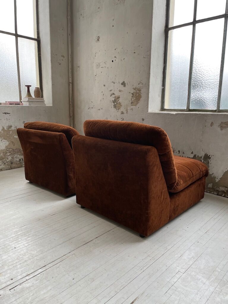 Pair 70s brown velvet armchairs