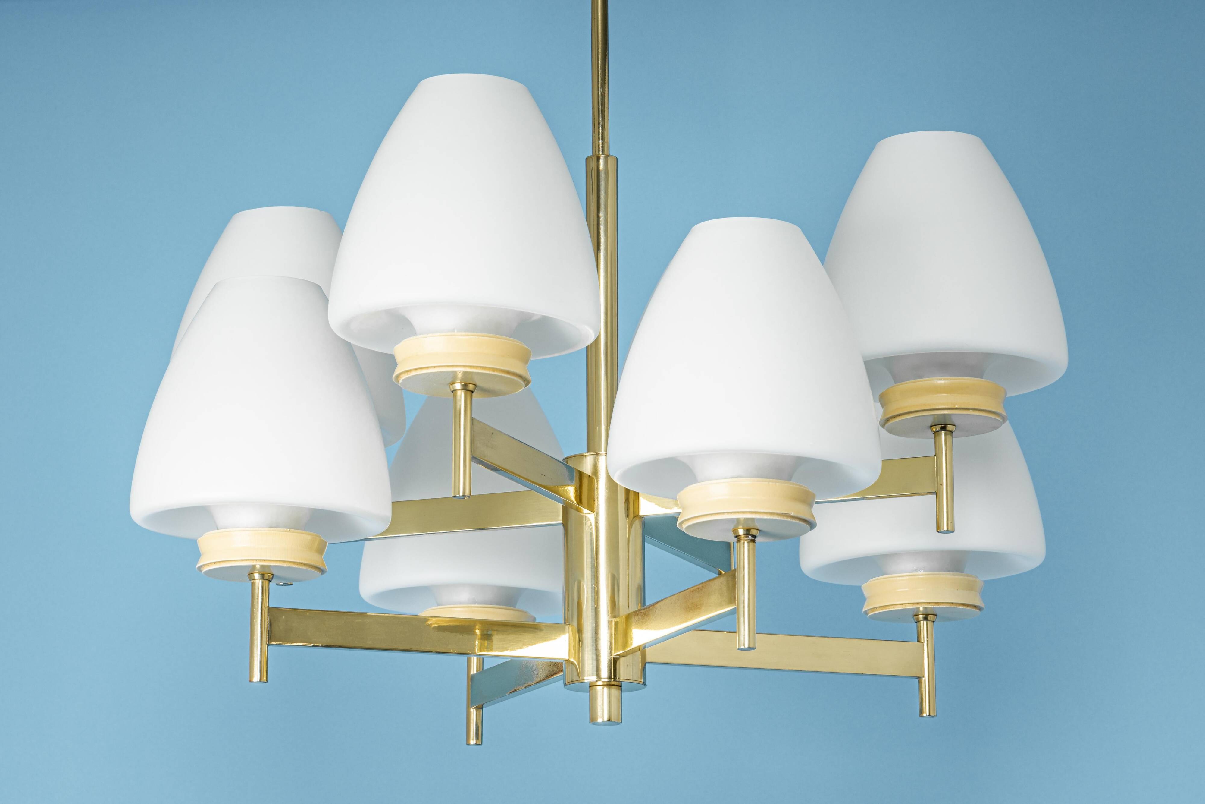 Sputnik chandelier with opaline glass by Kaiser, Germany, 1970s.