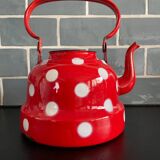 Bouilloire en tôle émaillée rouge à pois blancs