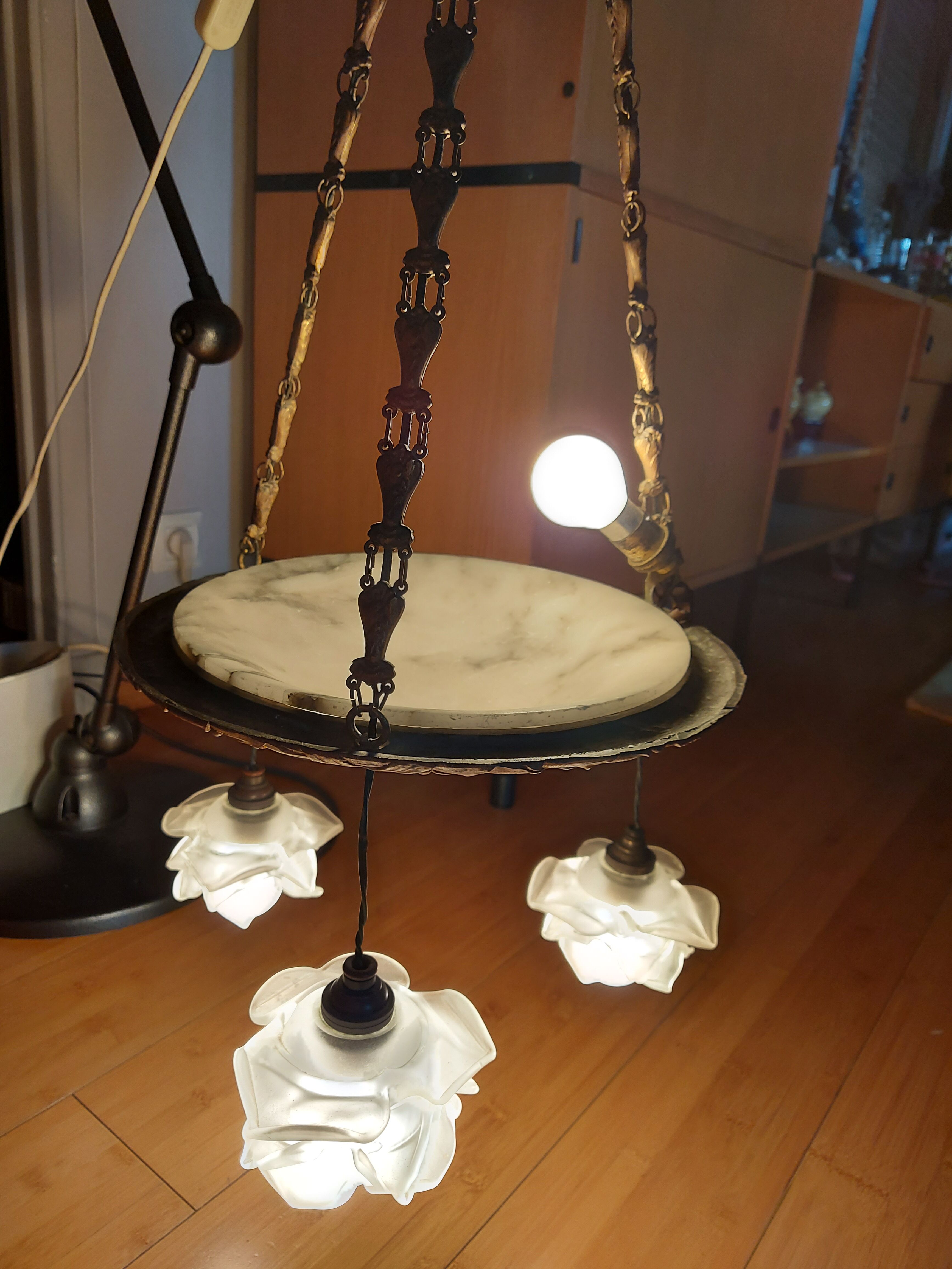 art nouveau chandelier, alabaster shells, molded glass and bronze