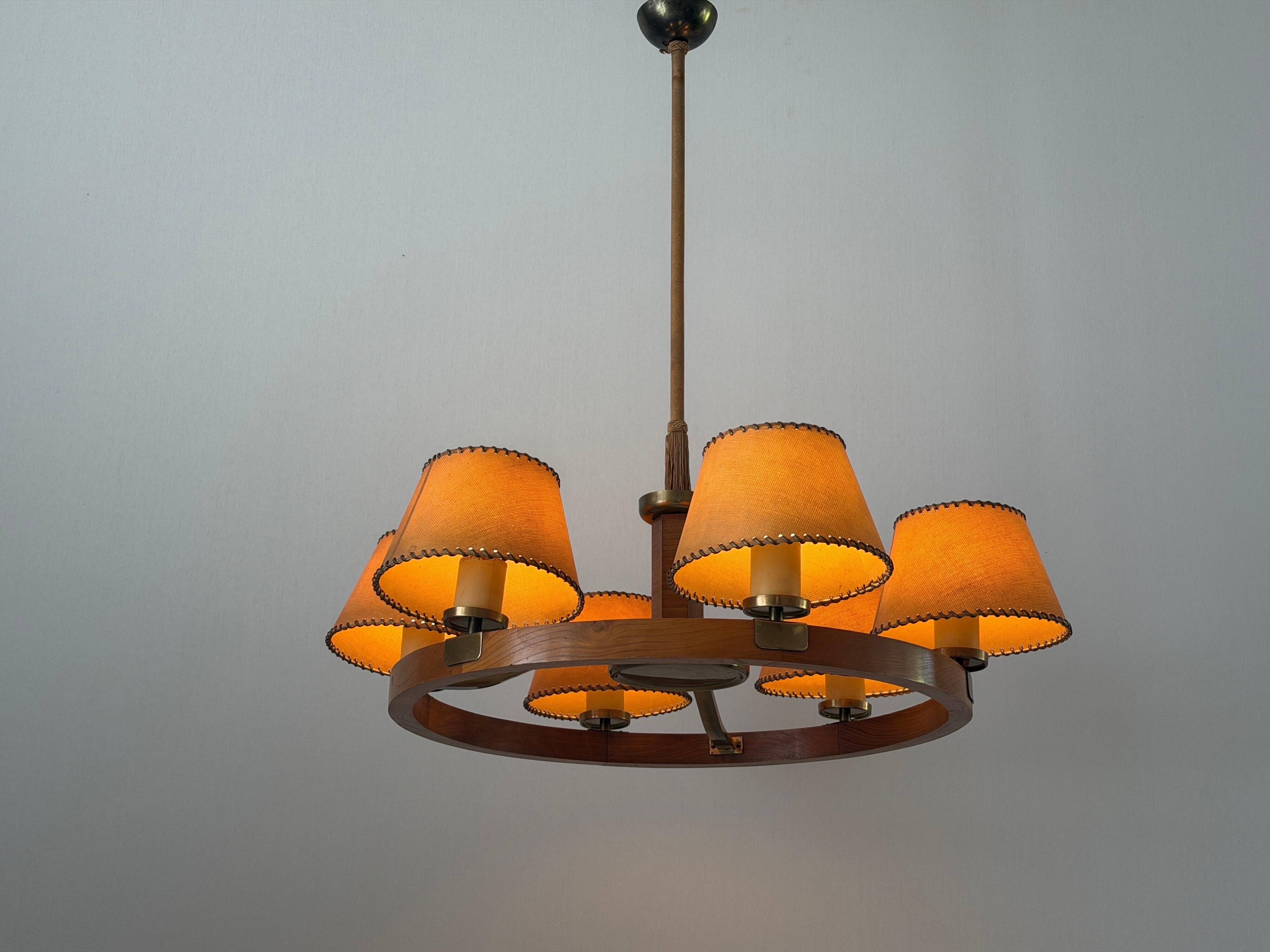 6 wooden paper head chandeliers with brass details, 1960s, Germany