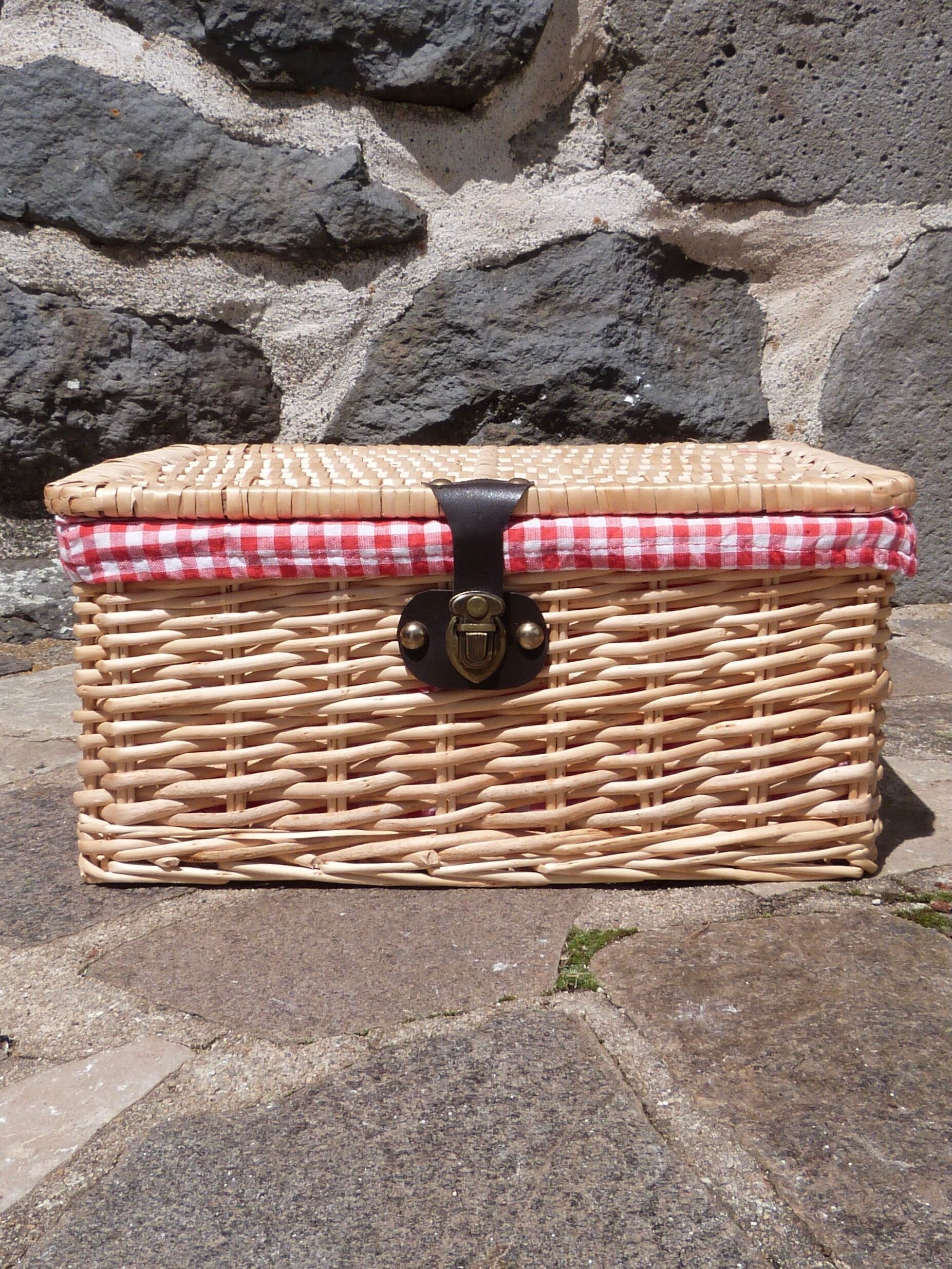 Wicker basket with gingham fabric