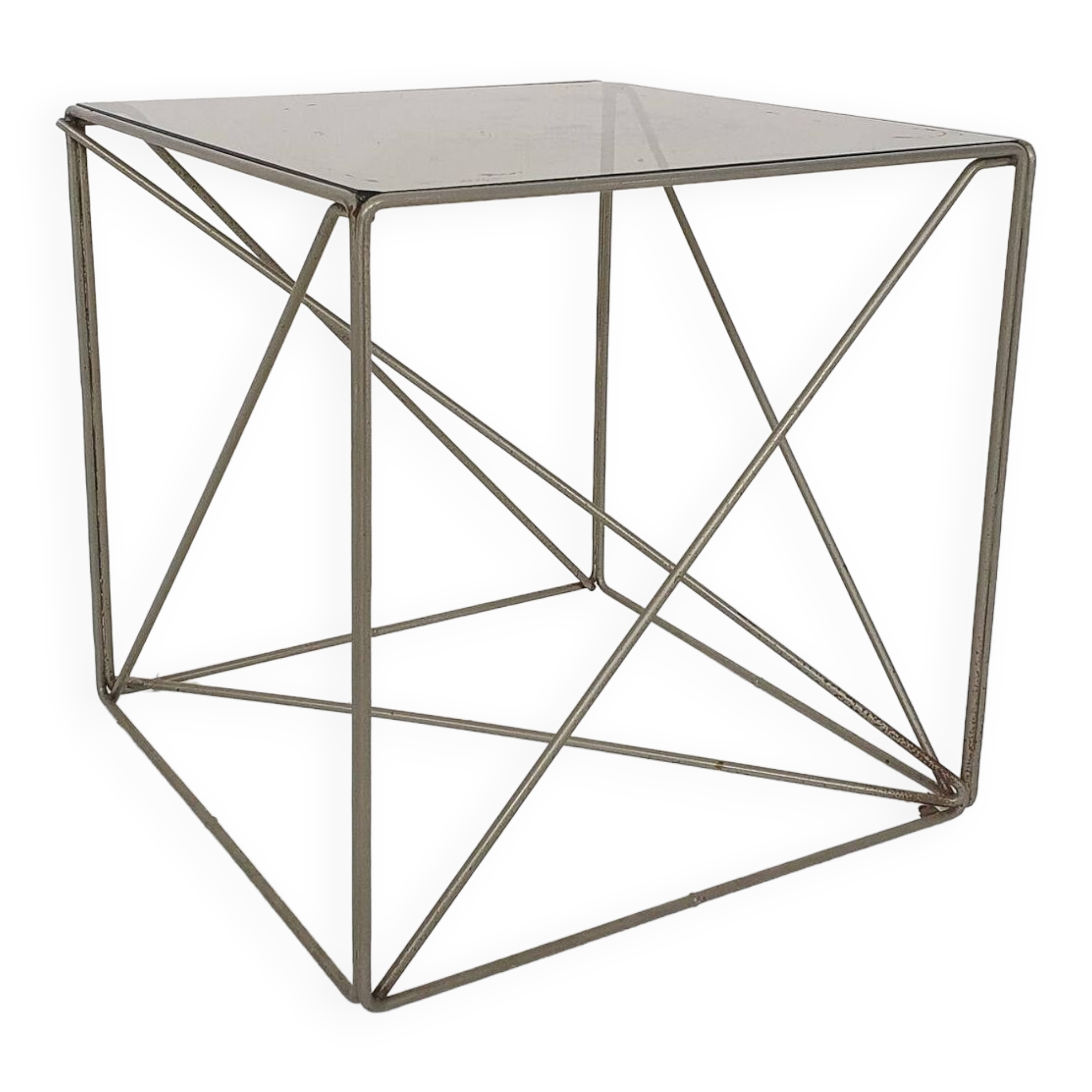 Rare metal and glass side table by Max Sauze, Isocele, France 1960's