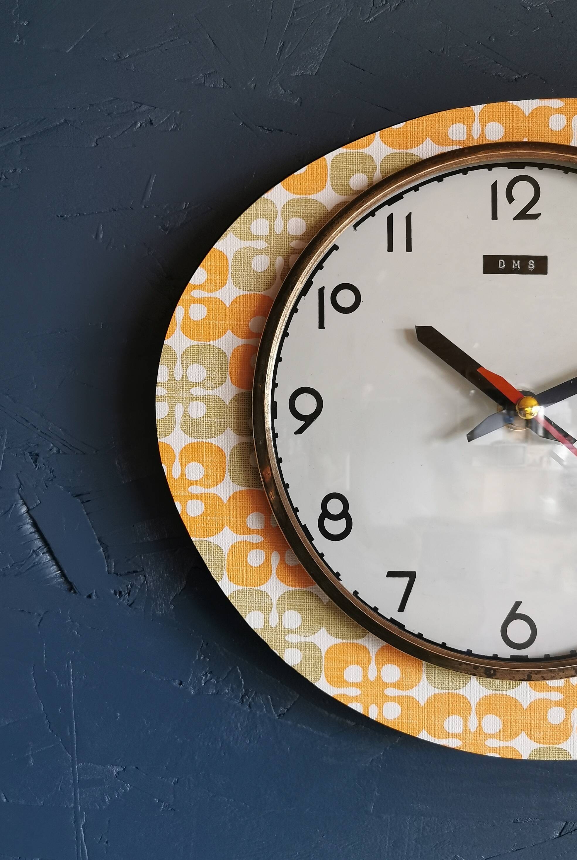 Vintage formica clock silent asymmetrical wall pendulum "DMS green orange"