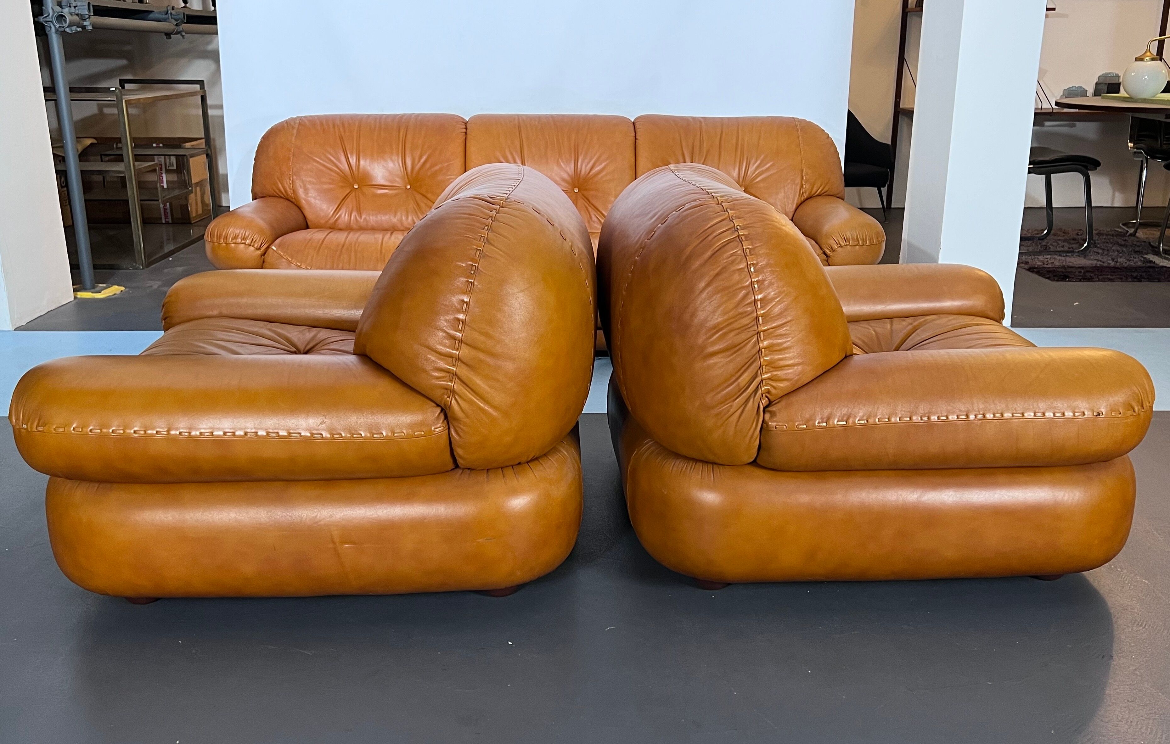 Sofa set in cognac leather by Sapporo for Mobil Girgi,  Italy 1970s
