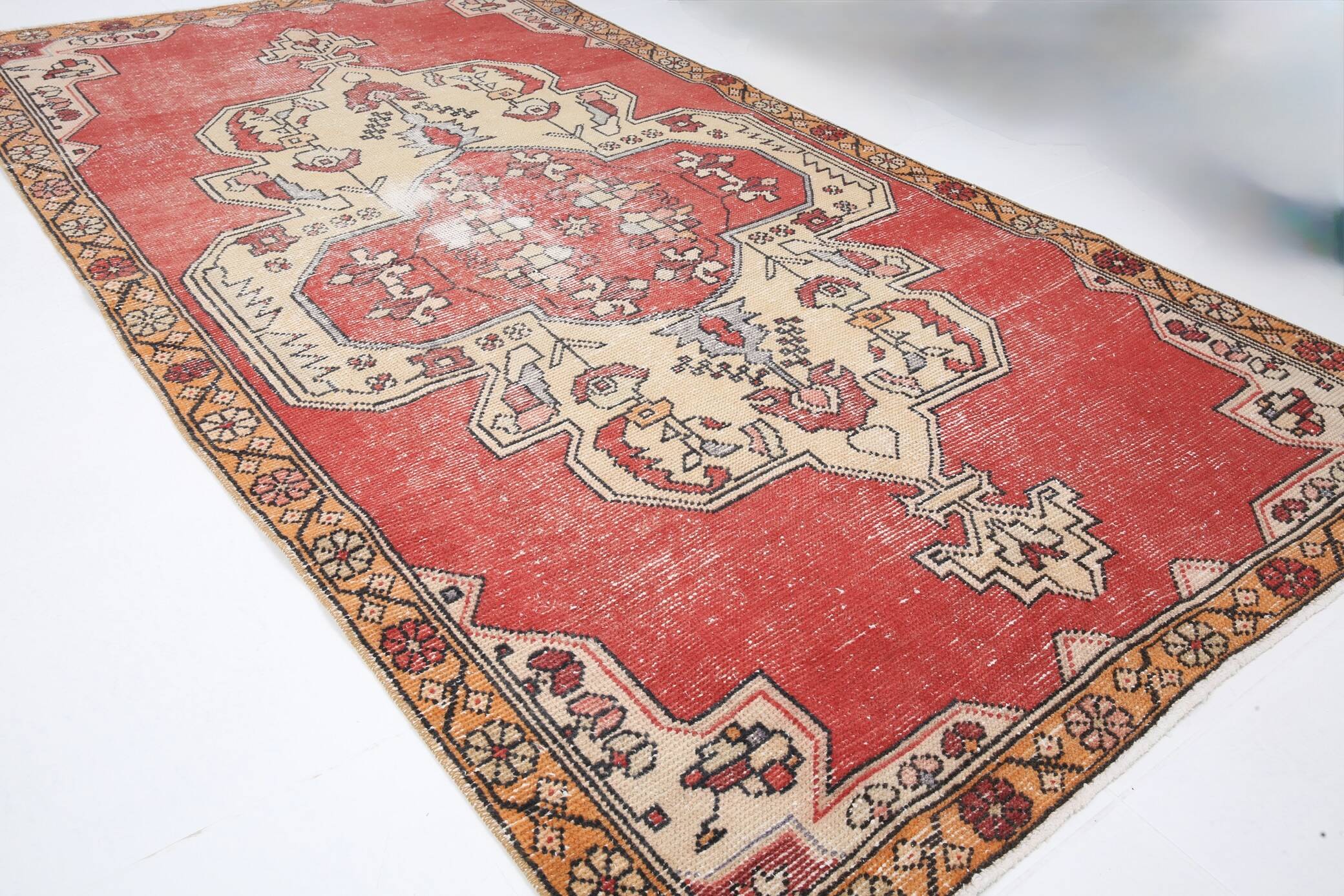 Antique Red Tan Beige Turkish Vintage Rug, 130x247Cm