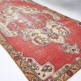 Antique Red Tan Beige Turkish Vintage Rug, 130x247Cm