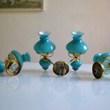 Series of 3 vintage brass and blue opaline wall lamps